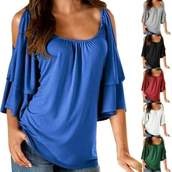Mittory Cold Shoulder Half Sleeve Tops for Women Casual Short Sleeve V Neck Tunic Shirts