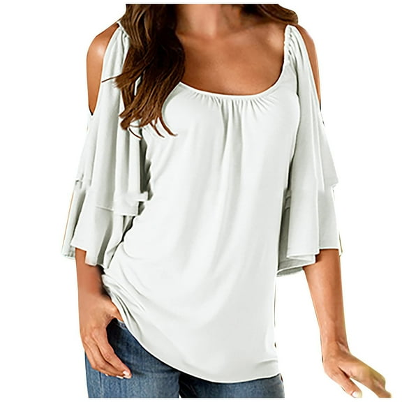 Mittory Cold Shoulder Half Sleeve Tops for Women Casual Short Sleeve V Neck Tunic Shirts