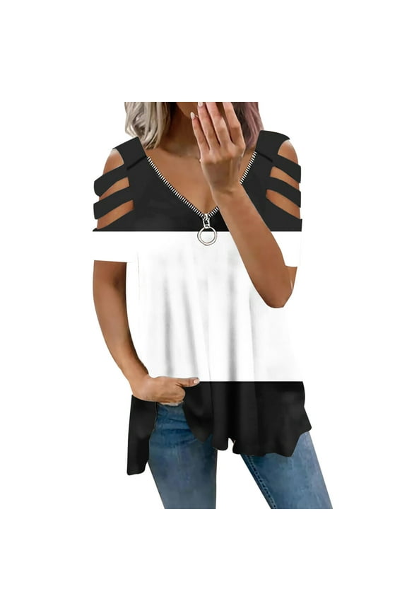 Cold Shoulder Plus Size Tunics Tops for Women Sexy Zipper Short Sleeve Summer Casual Top Blouses