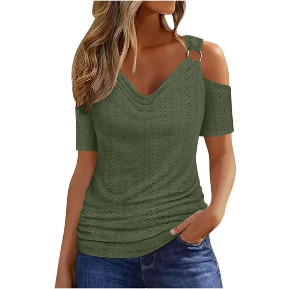 Mittory Cold Shoulder Tops for Women Casual Summer Sexy Eyelet Tunic Shirts Short Sleeve V Neck Blouses