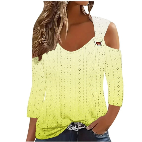 Mittory Cold Shoulder Tops for Women Casual Summer Sexy Eyelet Tunic Shirts Short Sleeve V Neck Boho Blouses