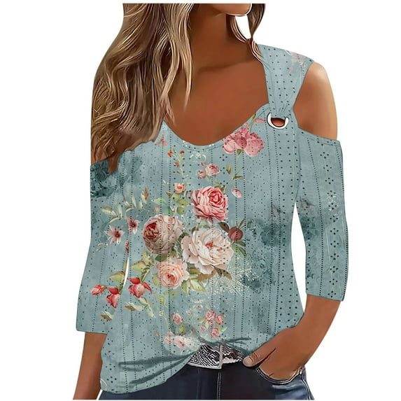 Mittory Cold Shoulder Tunic Tops for Women Long Sleeve Trendy Plus Size Shirts Casual Button Down Floral Blouse