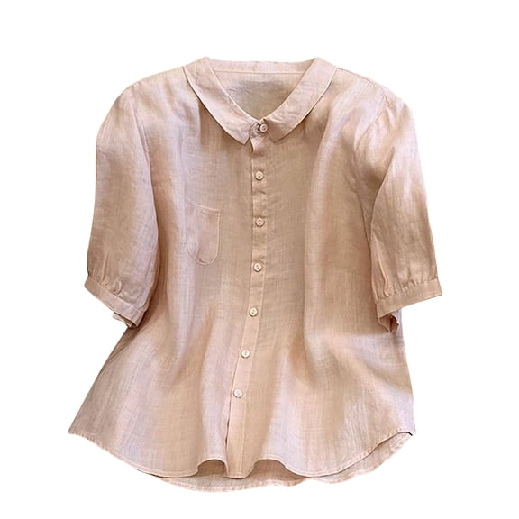 Mittory Cotton Linen Button Down Shirts for Women Mandarin Collar 3/4 Length Sleeve Tops Dressy Casual Loose Fit Plain Blouse