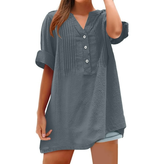 Mittory Cotton Linen Shirts for Women Buttons V Neck Long Sleeve Pockets Tshirt Trendy Dressy Blouses Casual Tunic Tops
