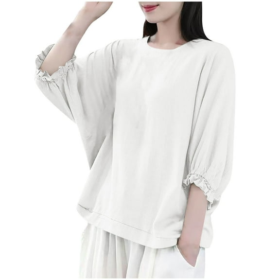 Mittory Cotton Linen Shirts for Women Loose Fit Casual Summer Boho Beach Tops Crew Neck 3/4 Sleeve Blouses