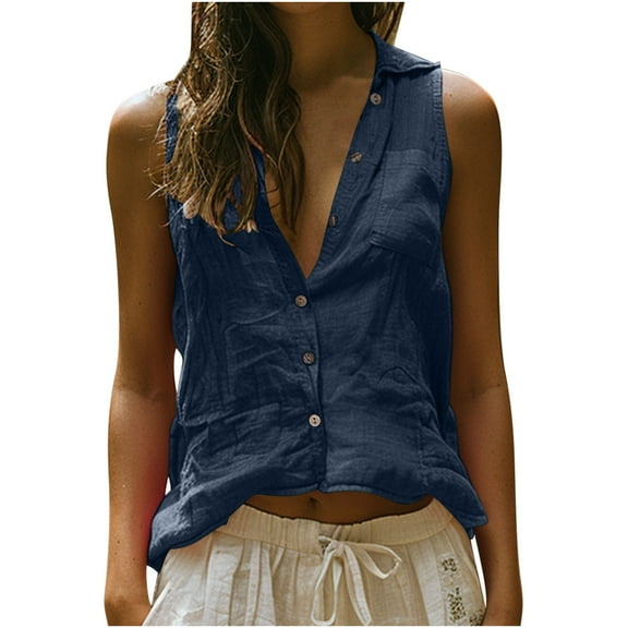 Mittory Cotton Linen Shirts for Women Sleeveless Tops Oversized Button Up Blouses Work Shirts Casual Summer Tshirt