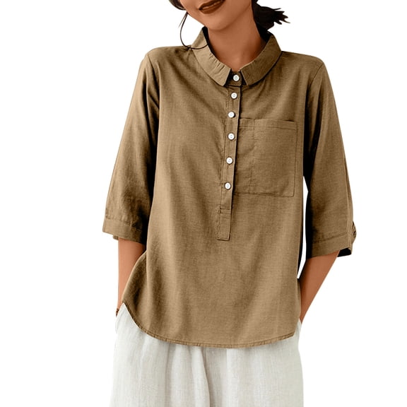 Mittory Cotton Linen Tops for Women 3/4 Sleeve Lapel V Neck Summer Loose Fit Boho Tunic Tops Casual Blouse