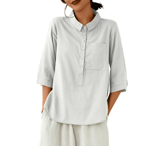 Mittory Cotton Linen Tops for Women 3/4 Sleeve Lapel V Neck Summer Loose Fit Boho Tunic Tops Casual Blouse