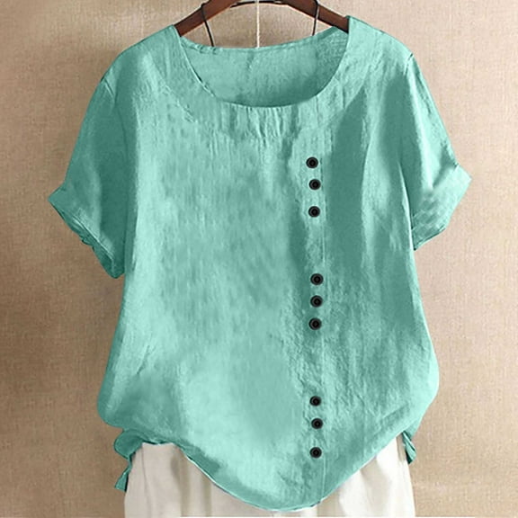 Mittory Cotton Linen Tops for Women Loose Fit Casual Roll Up Summer Short Sleeve T-Shirt Trendy Cute Blouse