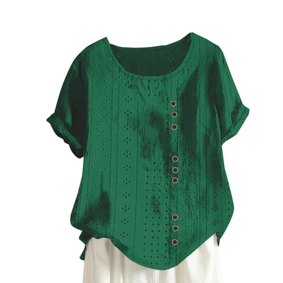 Mittory Cotton Linen Tops for Womens Crewneck Roll Up Short Sleeve Tshirt Casual Loose Fitted Blouse