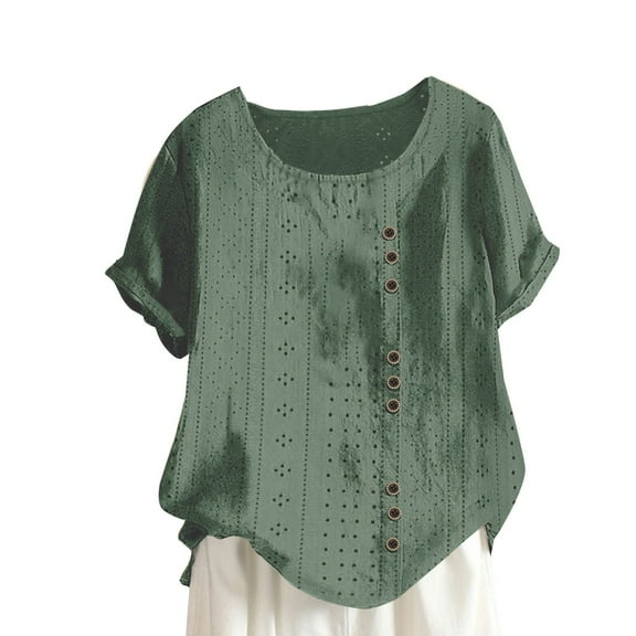 Mittory Cotton Linen Tops for Womens Crewneck Roll Up Short Sleeve Tshirt Casual Loose Fitted Blouse