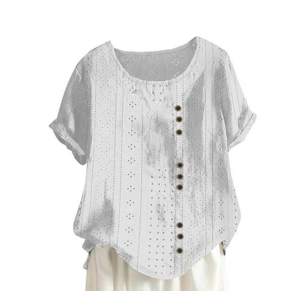 Mittory Cotton Linen Tops for Womens Crewneck Roll Up Short Sleeve Tshirt Casual Loose Fitted Blouse