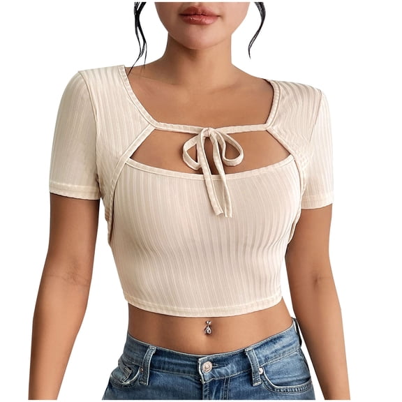Mittory Crop Tops for Women Fashion Sexy Tie-tie Short Sleeve Tight Shirts Slim Fit Spicy Girl Tee