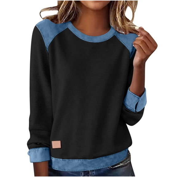 Mittory Denim Patchwork Sweatshirt for Women Loose Crewneck Long Sleeve Tops Dressy Business Casual Blouse