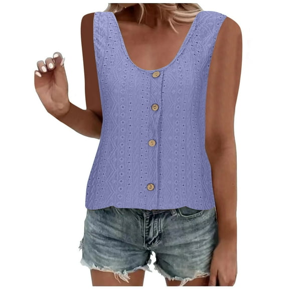 Mittory Eyelet Tank Tops for Women Summer Solid Sleeveless Button Down Shirts Loose Fit Summer Holiday Beach Vest Tees