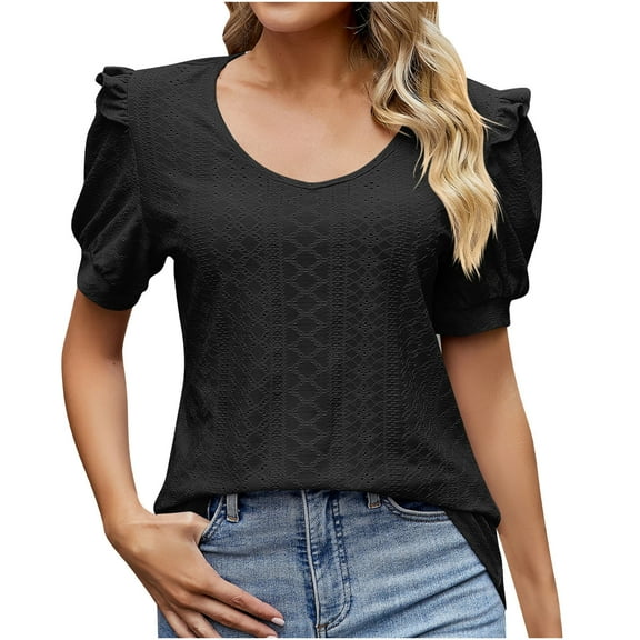 Mittory Eyelet Tops for Women Trendy Ruffle Trim Puff Short Sleeve Summer T Shirts Fashion V Neck Tunic Blouses