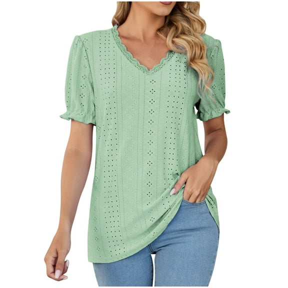 Mittory Eyelet Tops for Women Trendy Ruffle Trim Puff Short Sleeve Summer T Shirts V Neck Tunic Blouses