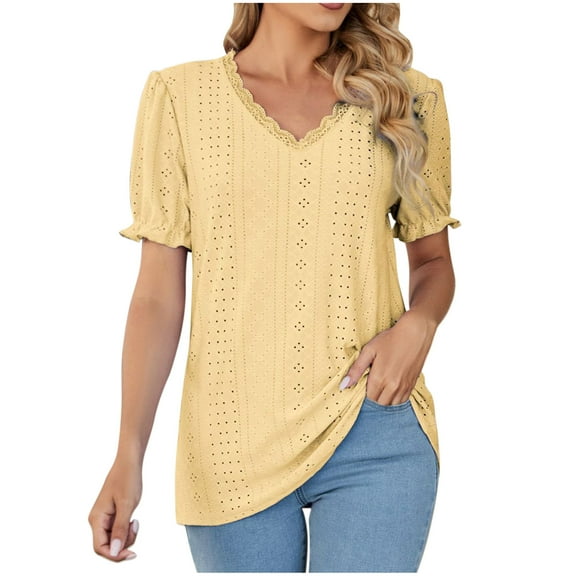 Mittory Eyelet Tops for Women Trendy Ruffle Trim Puff Short Sleeve Summer T Shirts V Neck Tunic Blouses