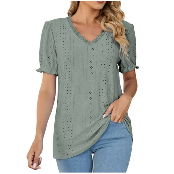 Mittory Eyelet Tops for Women Trendy Ruffle Trim Puff Short Sleeve Summer T Shirts V Neck Tunic Blouses