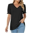 thumbnail image 1 of Mittory Eyelet Tops for Women Trendy Ruffle Trim Puff Short Sleeve Summer T Shirts V Neck Tunic Blouses, 1 of 8