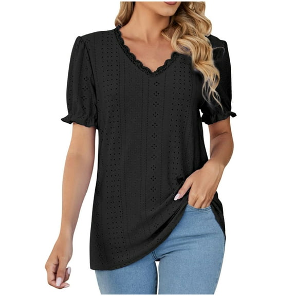Mittory Eyelet Tops for Women Trendy Ruffle Trim Puff Short Sleeve Summer T Shirts V Neck Tunic Blouses