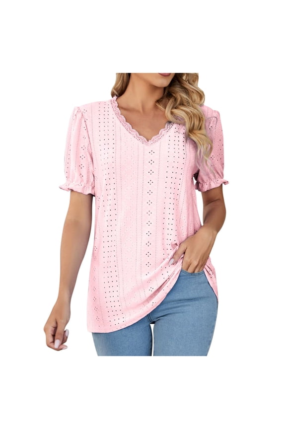 Eyelet Tops for Women Trendy Ruffle Trim Puff Short Sleeve Summer T Shirts V Neck Tunic Blouses
