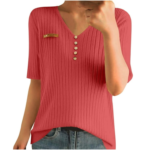 Mittory Henley Shirts for Women Short Sleeve Button Up V Neck Slim Fitted Sweaters Ribbed Knit Fall Tops