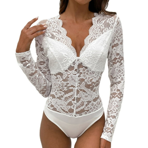 Mittory Lace Body Suits for Women Long Sleeve Deep V Lingerie Top Date Night Clubwear