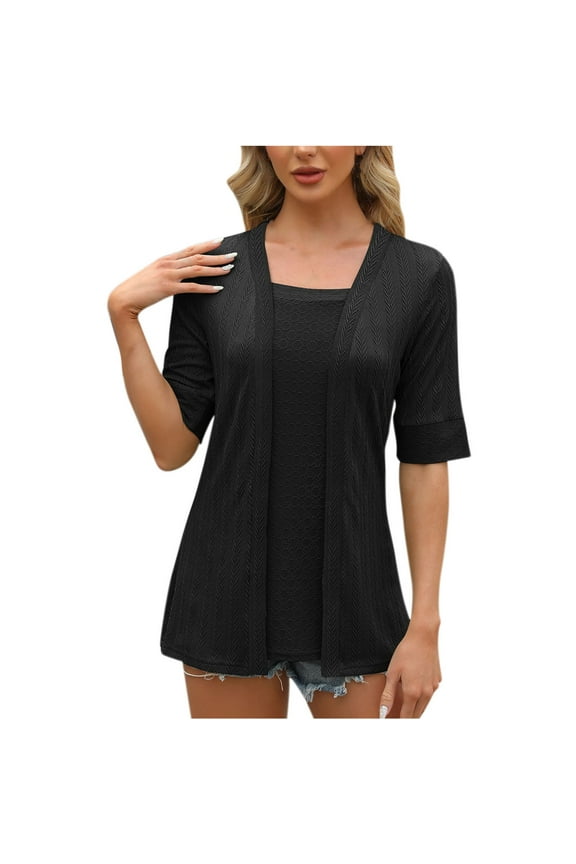 Layered Shirt Look for Women Cute 2 in 1 Blouse Summer Half Sleeve V Neck Eyelet Shirts Dressy Casual Tees