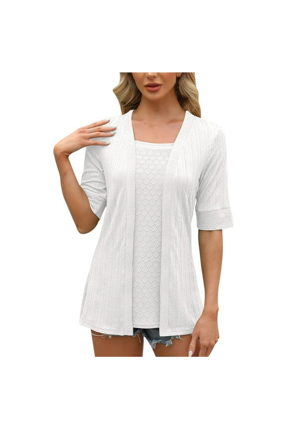 Layered Shirt Look for Women Cute 2 in 1 Blouse Summer Half Sleeve V Neck Eyelet Shirts Dressy Casual Tees