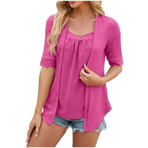 Mittory Layered Shirt Look for Women Cute 2 in 1 Blouse Summer Half Sleeve V Neck Eyelet Shirts Dressy Casual Tees
