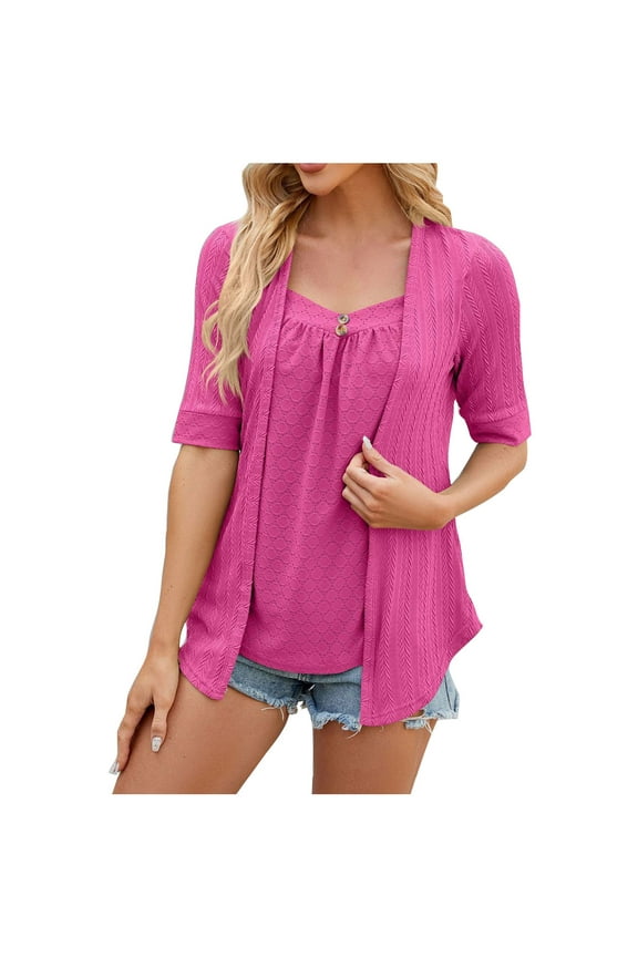 Layered Shirt Look for Women Cute 2 in 1 Blouse Summer Half Sleeve V Neck Eyelet Shirts Dressy Casual Tees