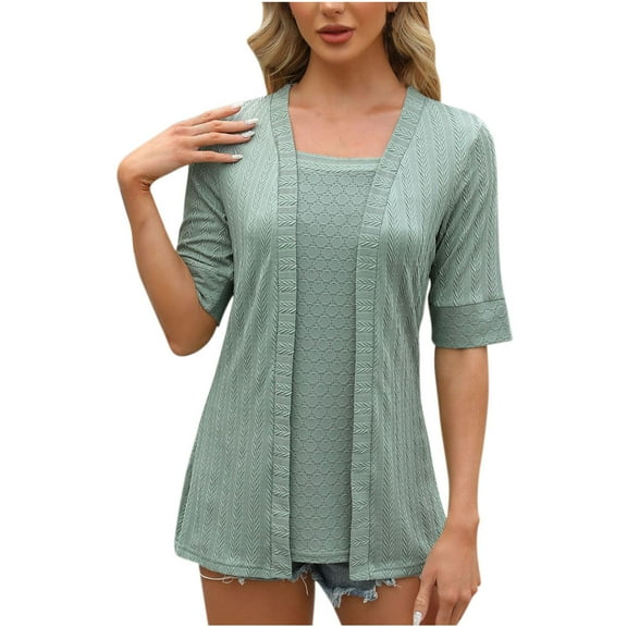 Mittory Layered Shirt Look for Women Cute 2 in 1 Blouse Summer Half Sleeve V Neck Eyelet Shirts Dressy Casual Tees
