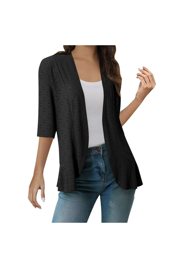 Lightweight Summer Cardigan for Women Spring Netted Knit Ruffle Half Sleeve Kimono Cover Ups