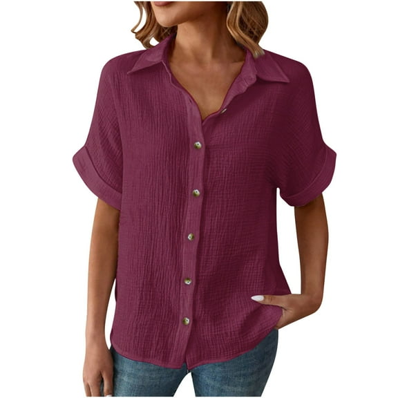 Mittory Linen Cotton Womens V Neck Collared Short Sleeve Shirts Button Down Blouse Tops