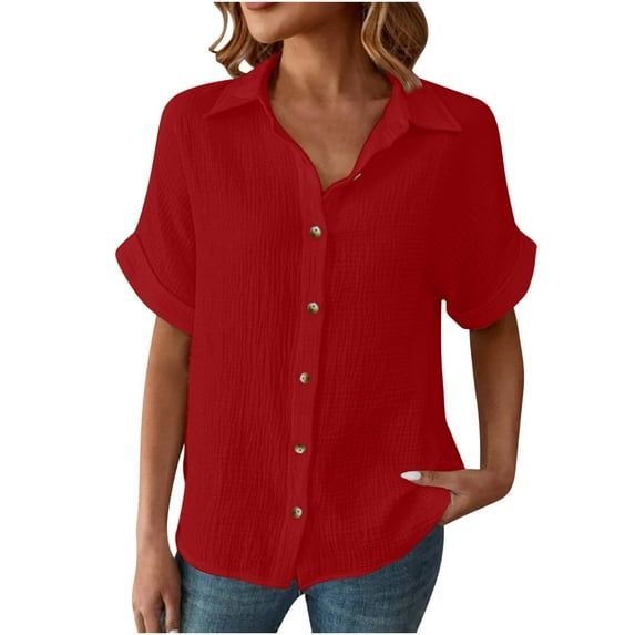 Mittory Linen Cotton Womens V Neck Collared Short Sleeve Shirts Button Down Blouse Tops
