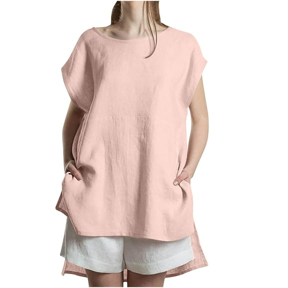 Mittory Linen Shirt for Women Crew Neck Short Sleeve Tunic Blouses Casual Loose Fall T-Shirt Tops for Ladies Summer