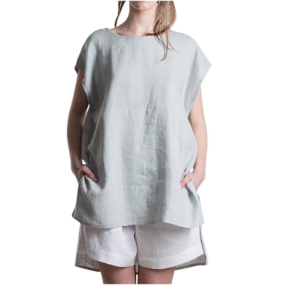 Mittory Linen Shirt for Women Crew Neck Short Sleeve Tunic Blouses Casual Loose Fall T-Shirt Tops for Ladies Summer