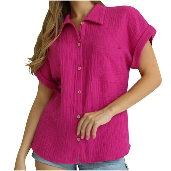 Mittory Linen Shirts for Women Button Down Shirts Short Sleeve Cotton Collared V Neck Solid Casual Blouses with Pocket