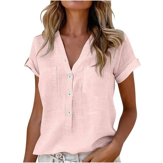 Mittory Linen Shirts for Women Button Down Shirts Short Sleeve Cotton Collared V Neck Solid Casual Blouses with Pocket