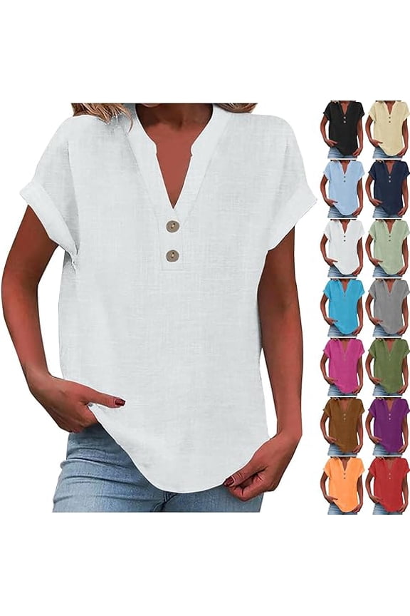 Linen Shirts for Women Button Down Short Sleeve Summer Casual V Neck Tops Trendy Comfy Business Work Blouses