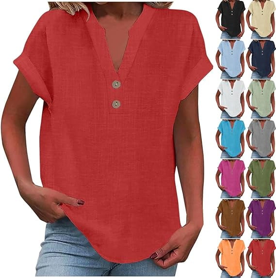 Mittory Linen Shirts for Women Button Down Short Sleeve Summer Casual V ...