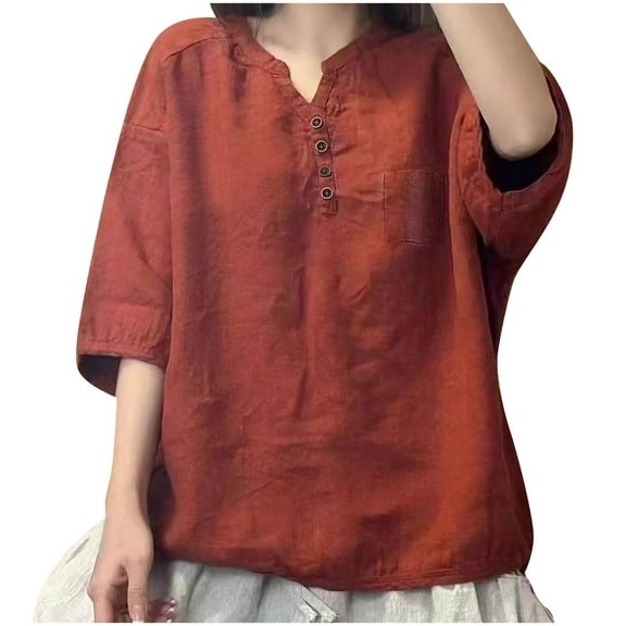 Mittory Linen Shirts for Women Buttons V Neck Cloths 3/4 Sleeve Pockets Tshirt Trendy Dressy Blouses Casual Tunic Tops
