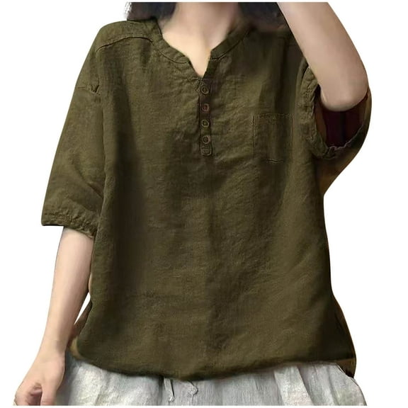 Mittory Linen Shirts for Women Buttons V Neck Cloths 3/4 Sleeve Pockets Tshirt Trendy Dressy Blouses Casual Tunic Tops