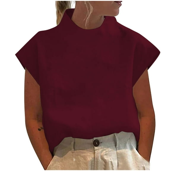 Mittory Linen Shirts for Women Casual Short Sleeve Solid Color Shirt Tops Summer Loose Fit High Neck Blouse