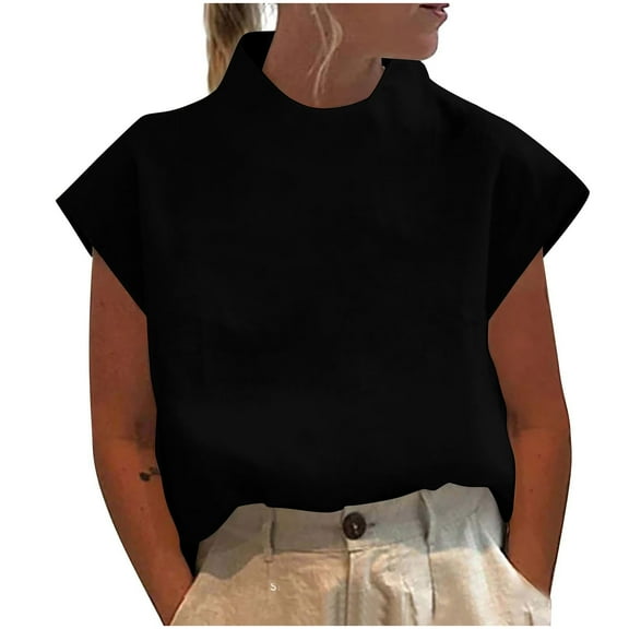 Mittory Linen Shirts for Women Casual Short Sleeve Solid Color Shirt Tops Summer Loose Fit High Neck Blouse