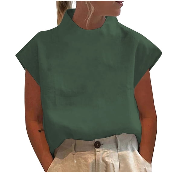 Mittory Linen Shirts for Women Casual Short Sleeve Solid Color Shirt Tops Summer Loose Fit High Neck Blouse