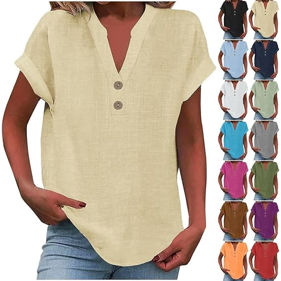 Mittory Linen Shirts for Women Cotton Button Up Shirt Short Sleeve Roll Up Loose Fit V-Neck Summer Casual Work Blouse Tops