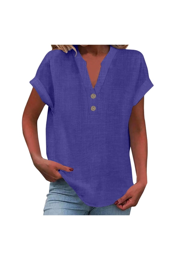 Linen Shirts for Women Cotton Button Up Shirt Short Sleeve Roll Up Loose Fit V-Neck Summer Casual Work Blouse Tops