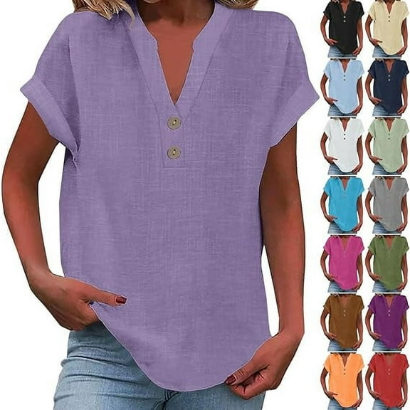Mittory Linen Shirts for Women Cotton Button Up Shirt Short Sleeve Roll Up Loose Fit V-Neck Summer Casual Work Blouse Tops